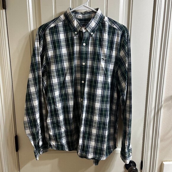 Vineyard Vines Collegiate Shirt Long Sleeve Medium Cotton Blue Green Checked - Picture 1 of 8